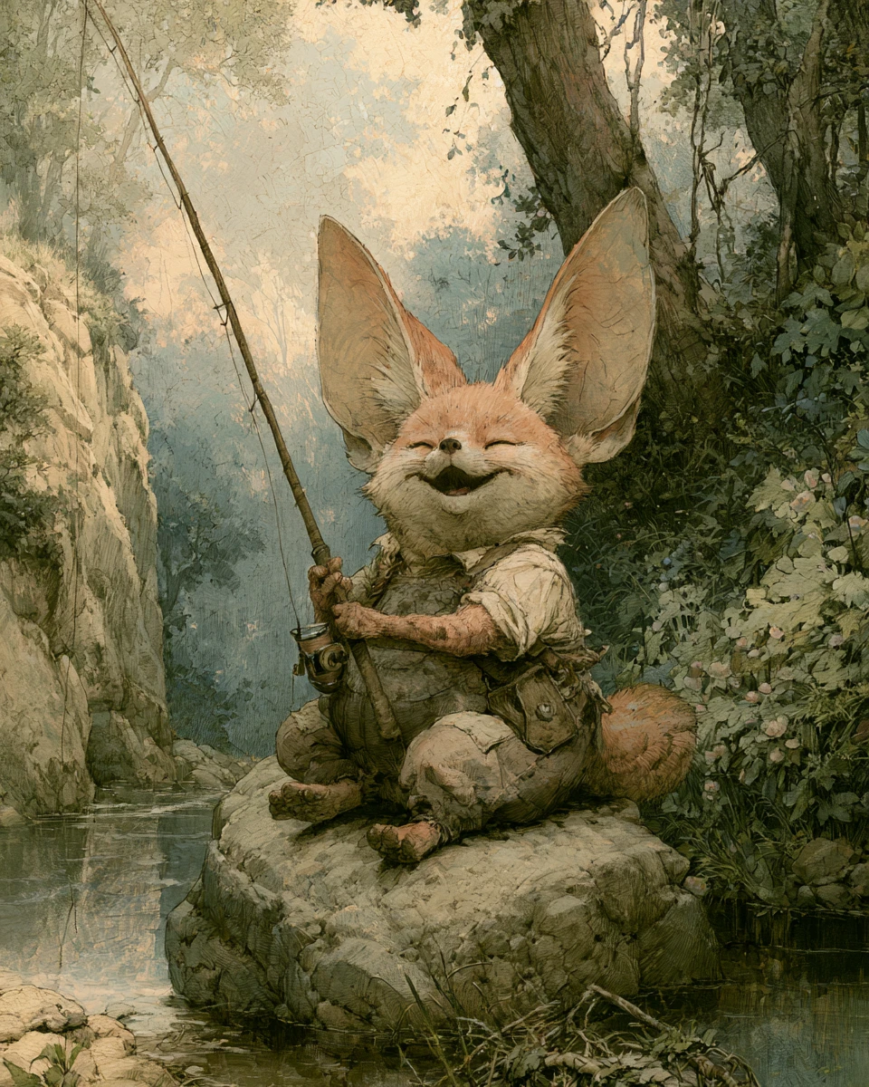Plump Fennec Fox Fishing By A Quiet Forest Stream