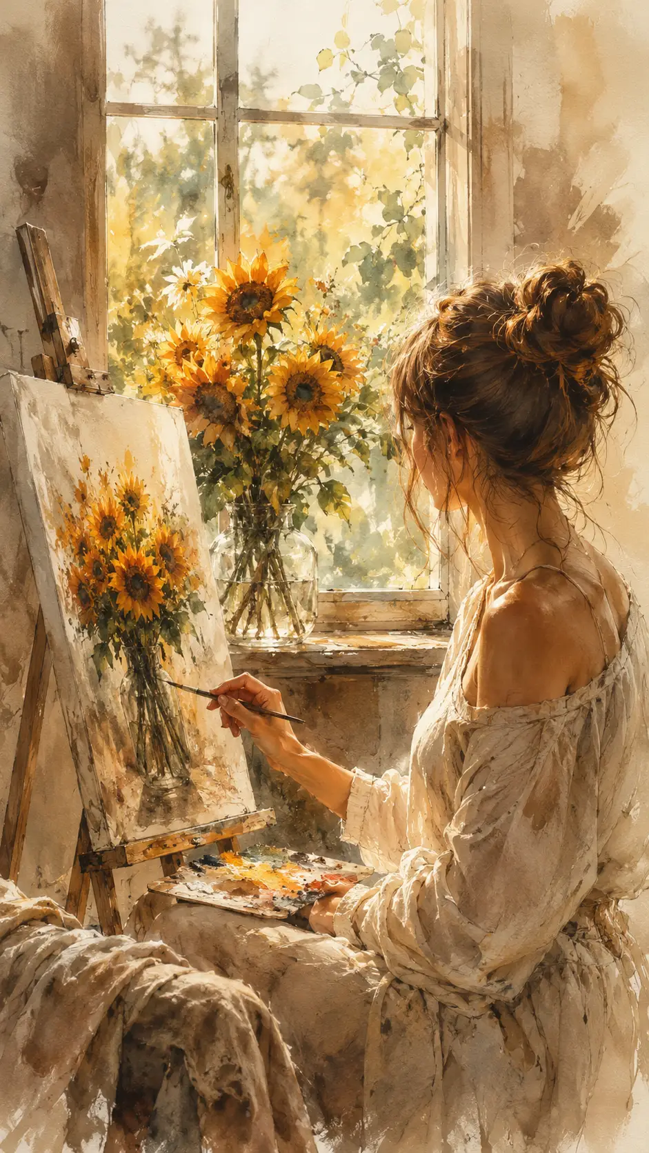 Woman painting a sunflower bouquet by a bright window