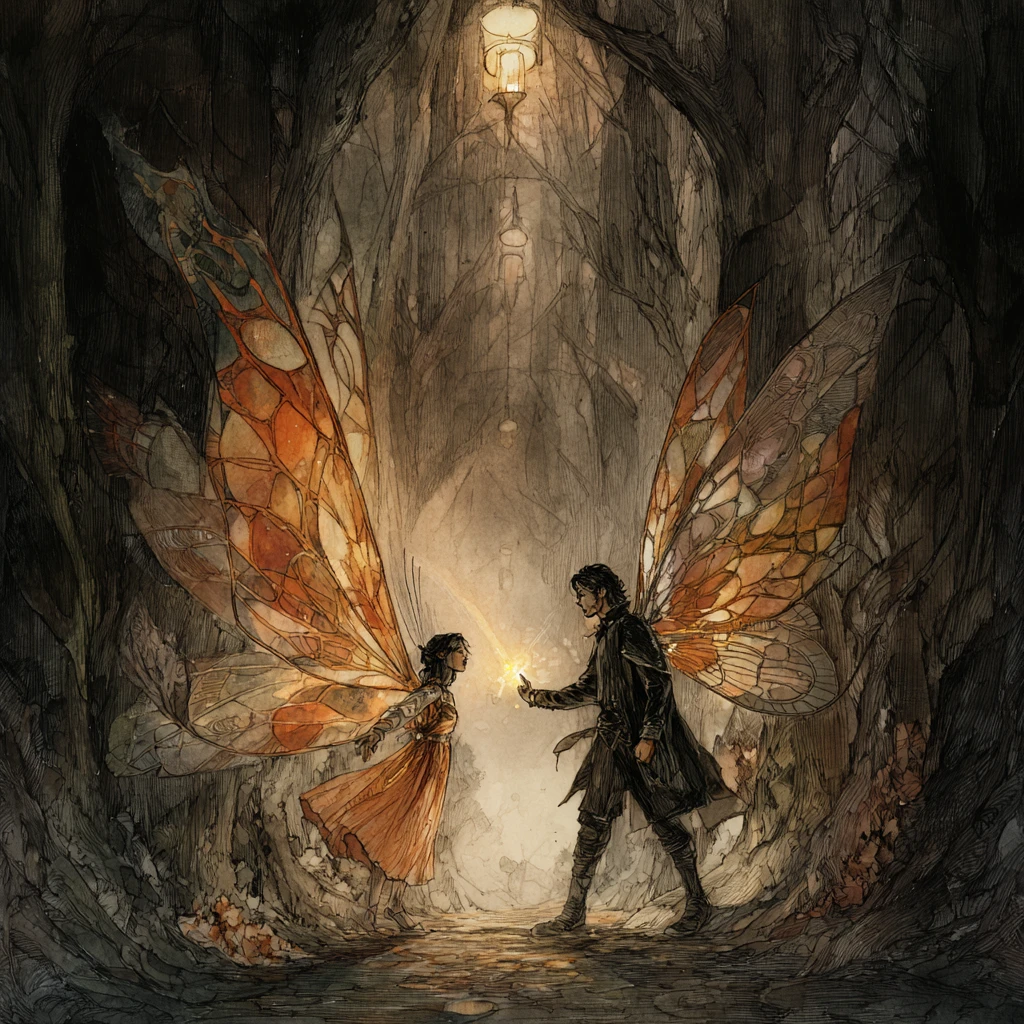 Fiery haired fairy drifting along a dark forest path