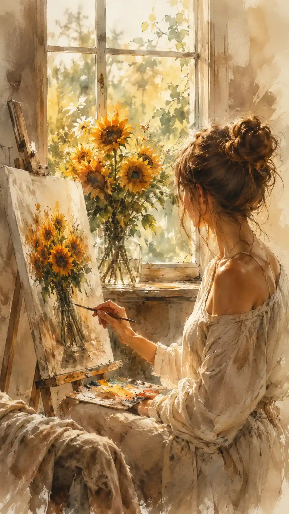 Woman painting a sunflower bouquet by a bright window