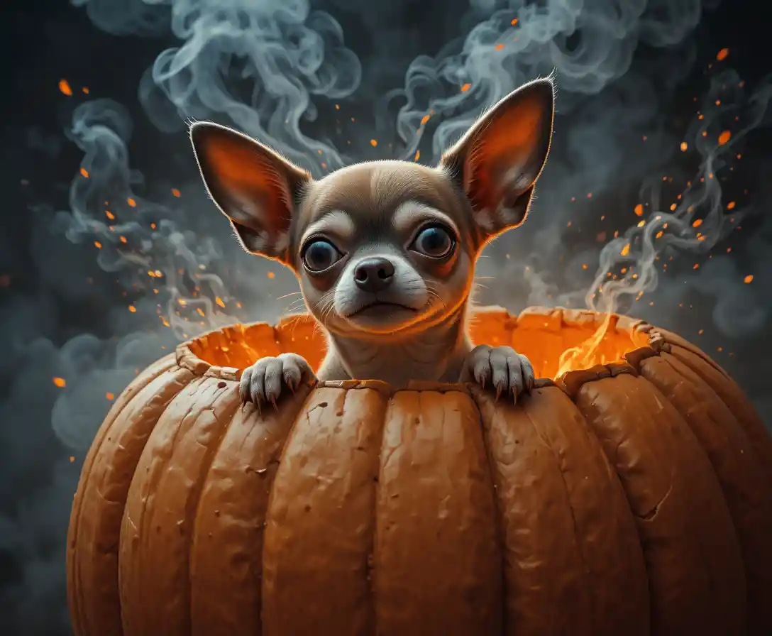 Funny chihuahua popping from glowing halloween pumpkin
