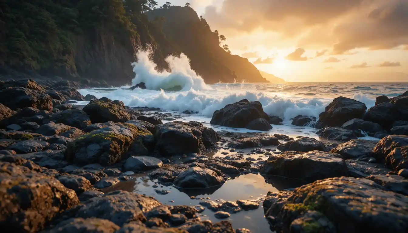 Dramatic rocky coastline at sunset with crashing waves
