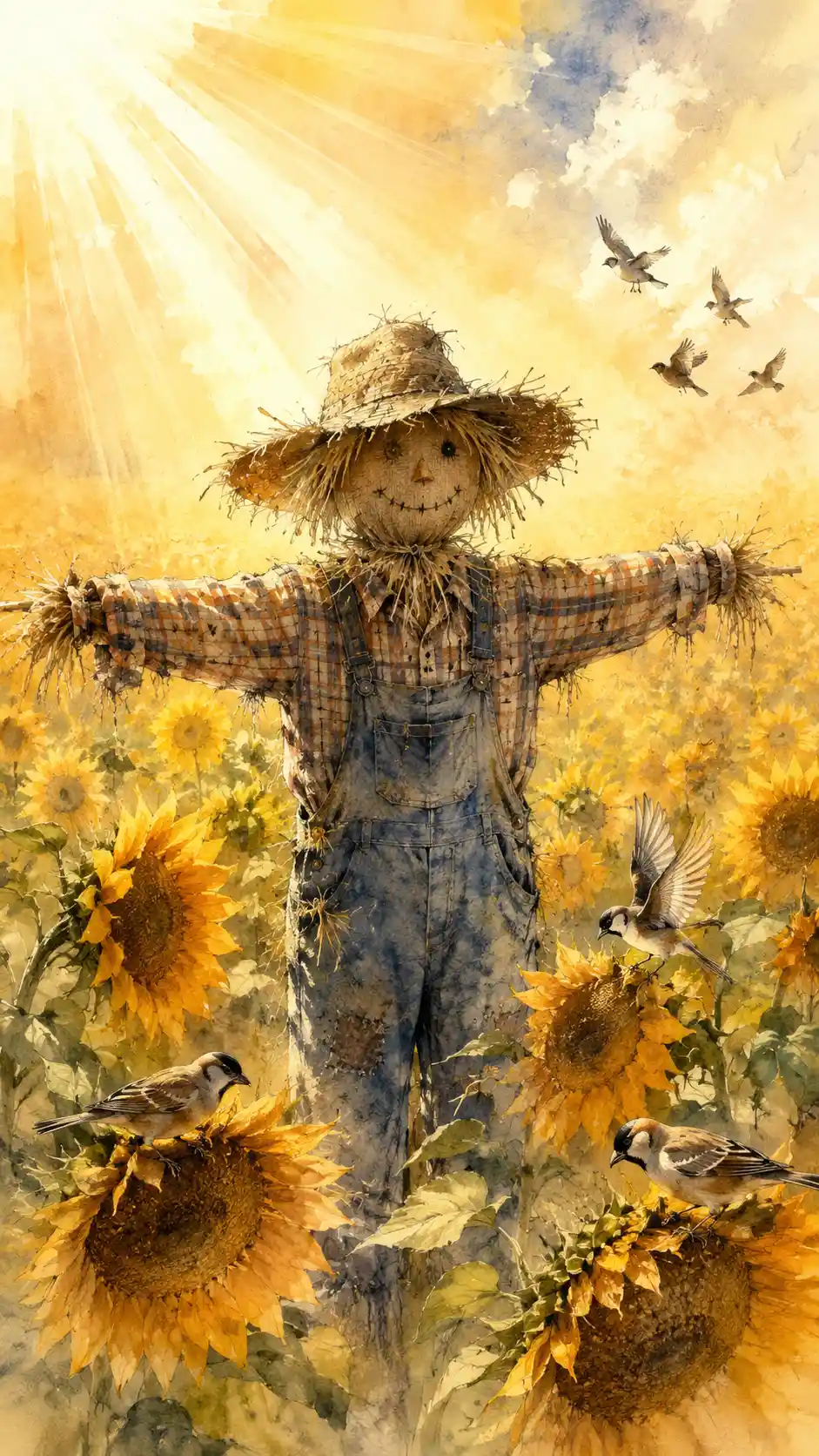 Sunlit sunflower field with birds and rustic scarecrow