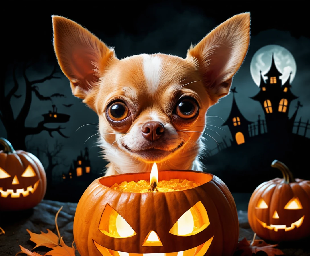 Funny chihuahua popping out of glowing halloween pumpkin