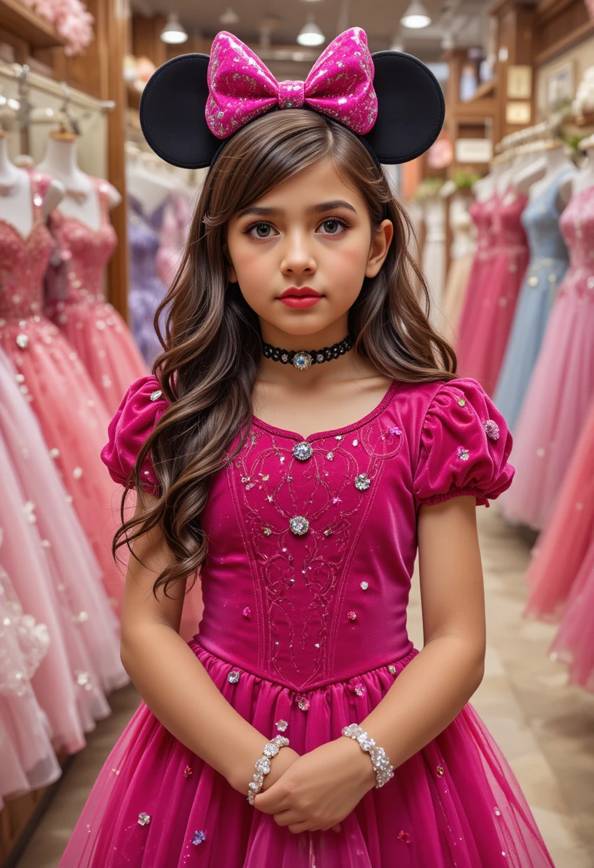 Reluctant boy in pink Minnie dress posing in shop