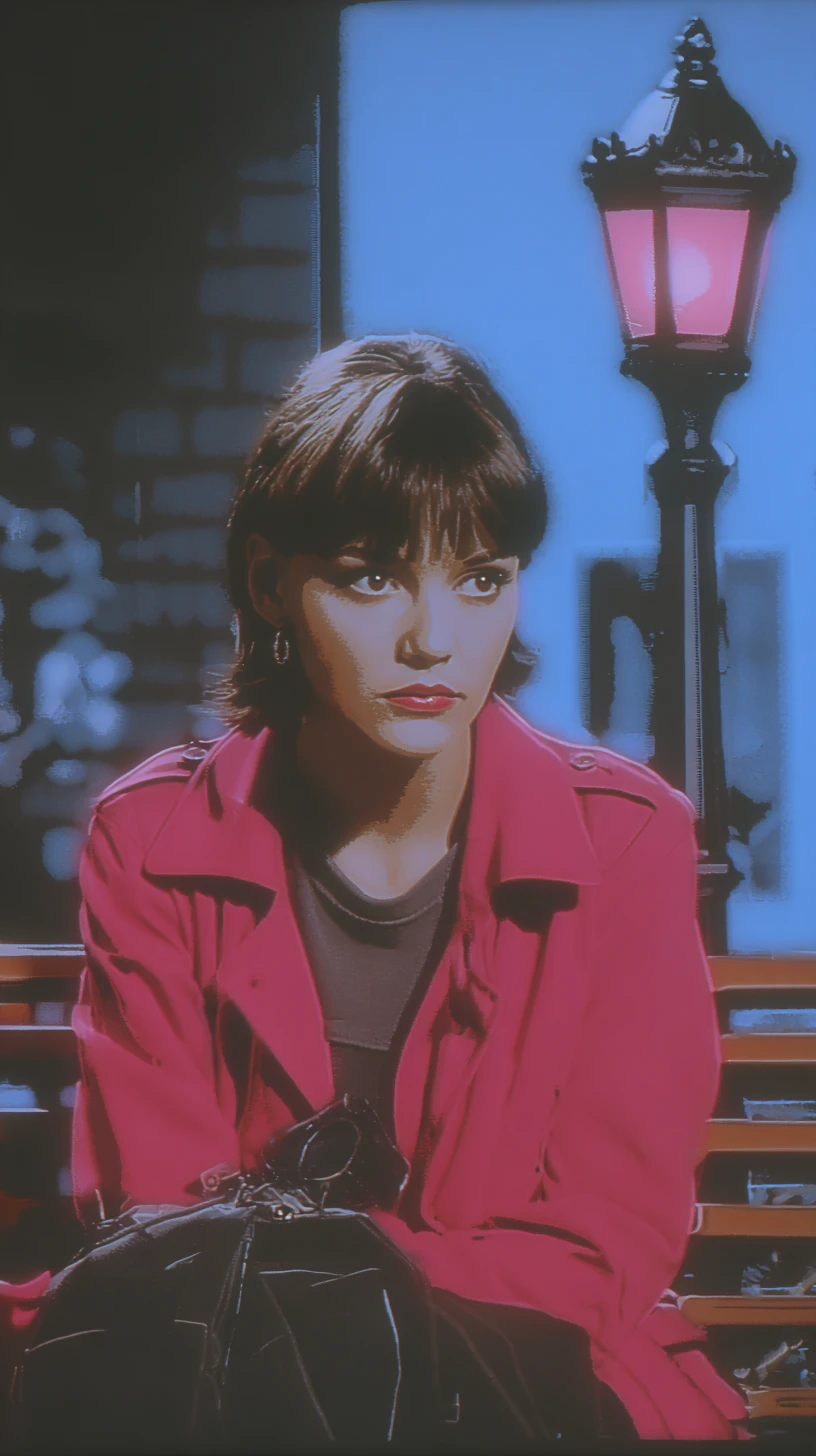 Surreal woman on a night bench by glowing street lamp