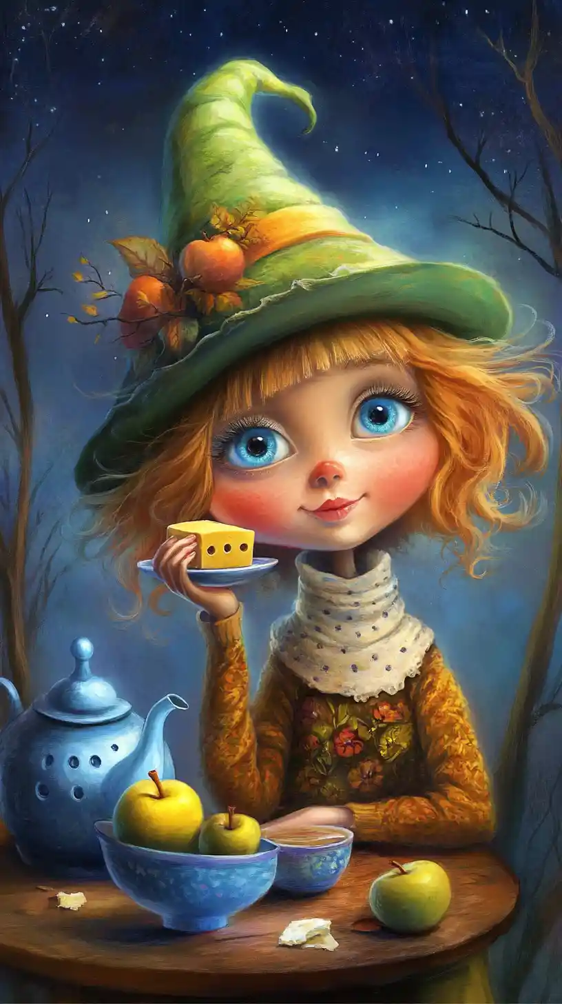 Whimsical woman at night with playful fruit and tea
