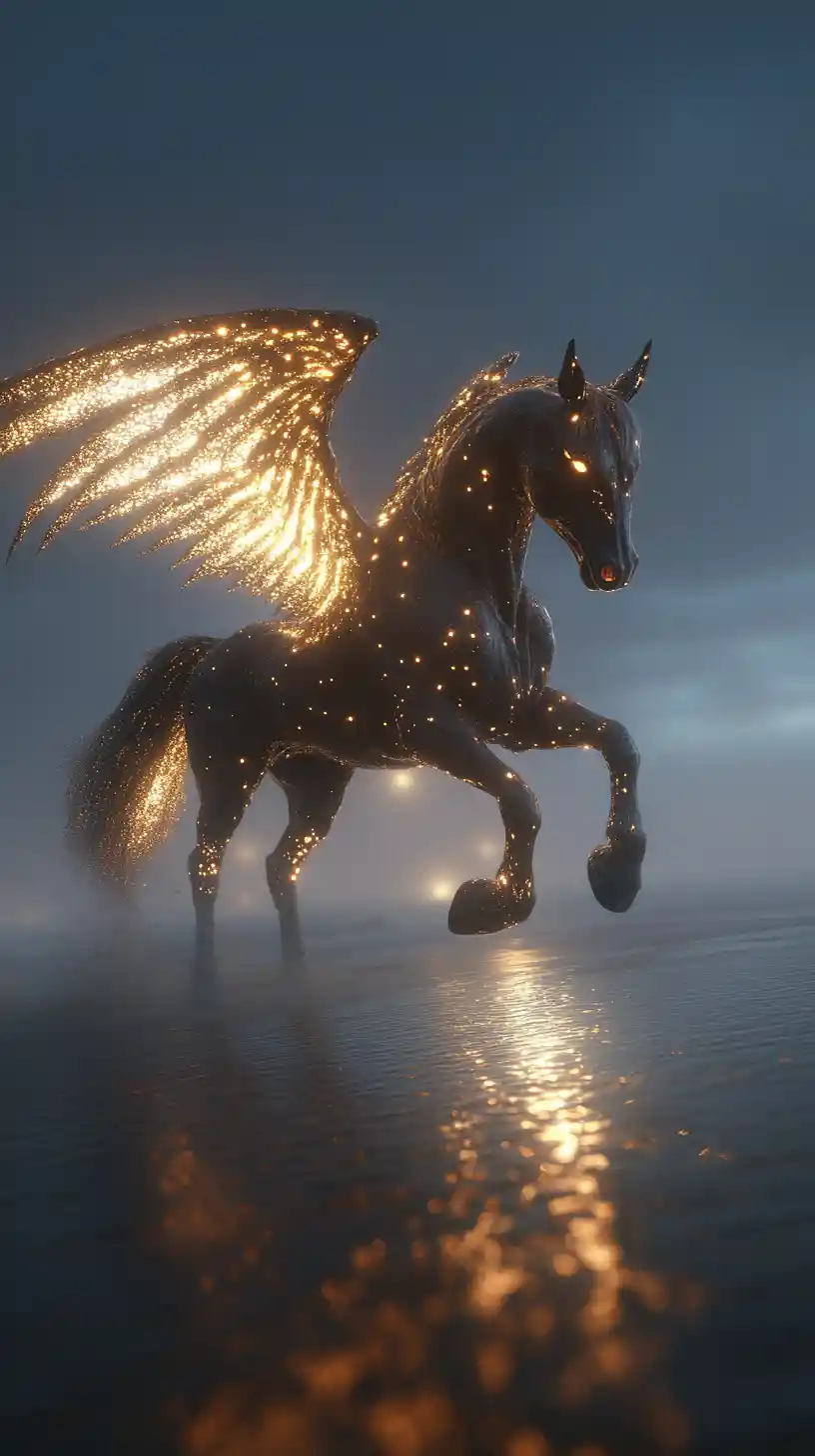 Winged horse galloping along a misty midnight beach