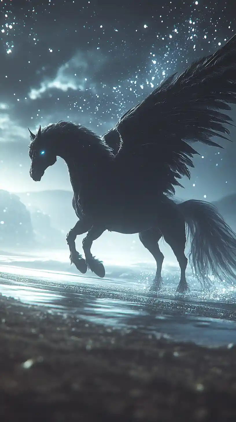 Winged horse galloping along a misty midnight beach