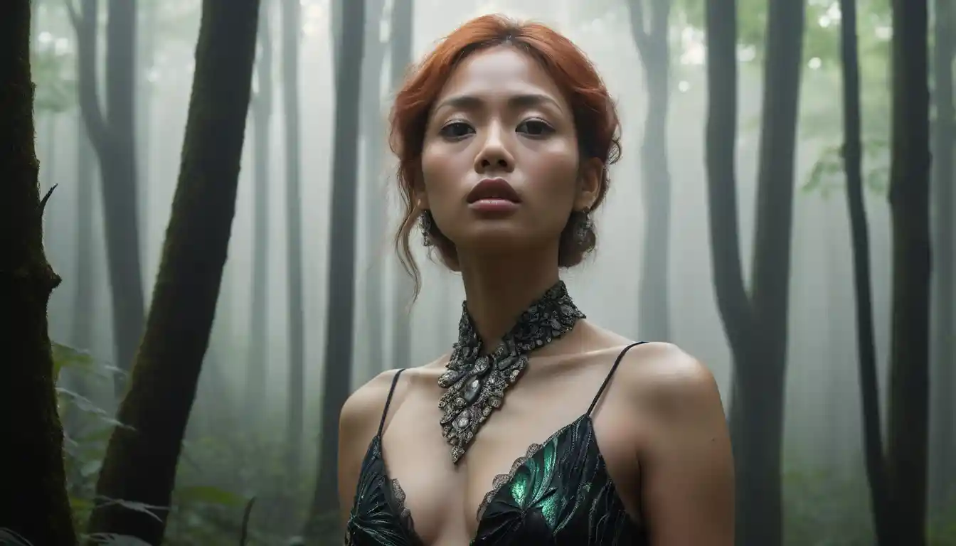 Copper haired woman on a misty forest trail