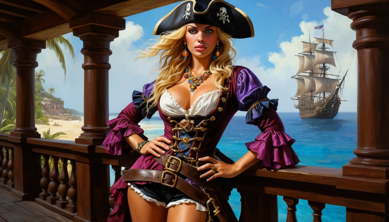 Blonde pirate woman in jeweled costume in Caribbean room