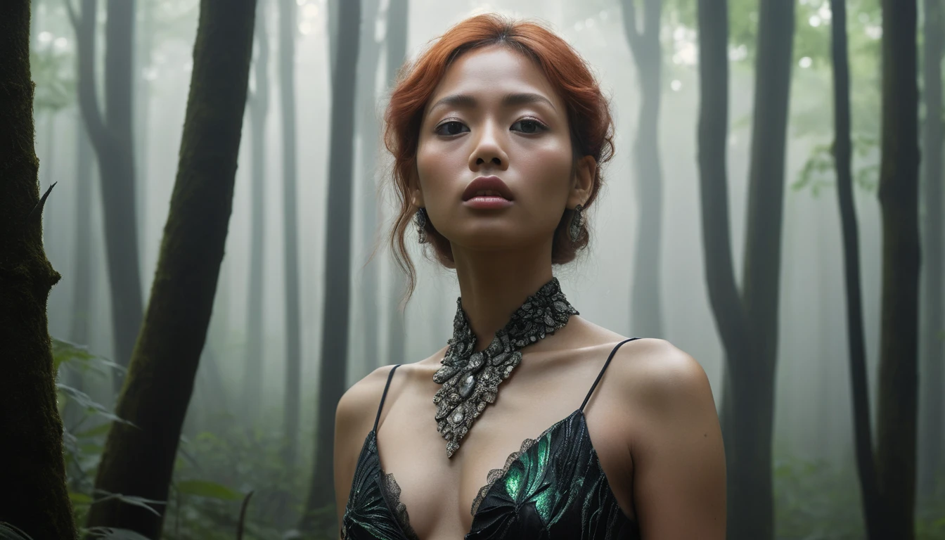 Copper haired woman on a misty forest trail