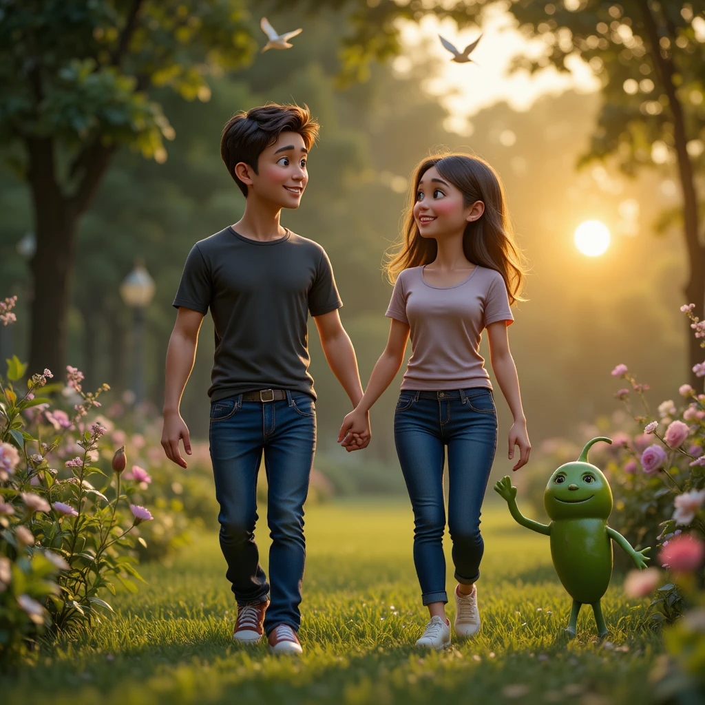 Anthropomorphic Vegetables In A Romantic Sunset Park Walk