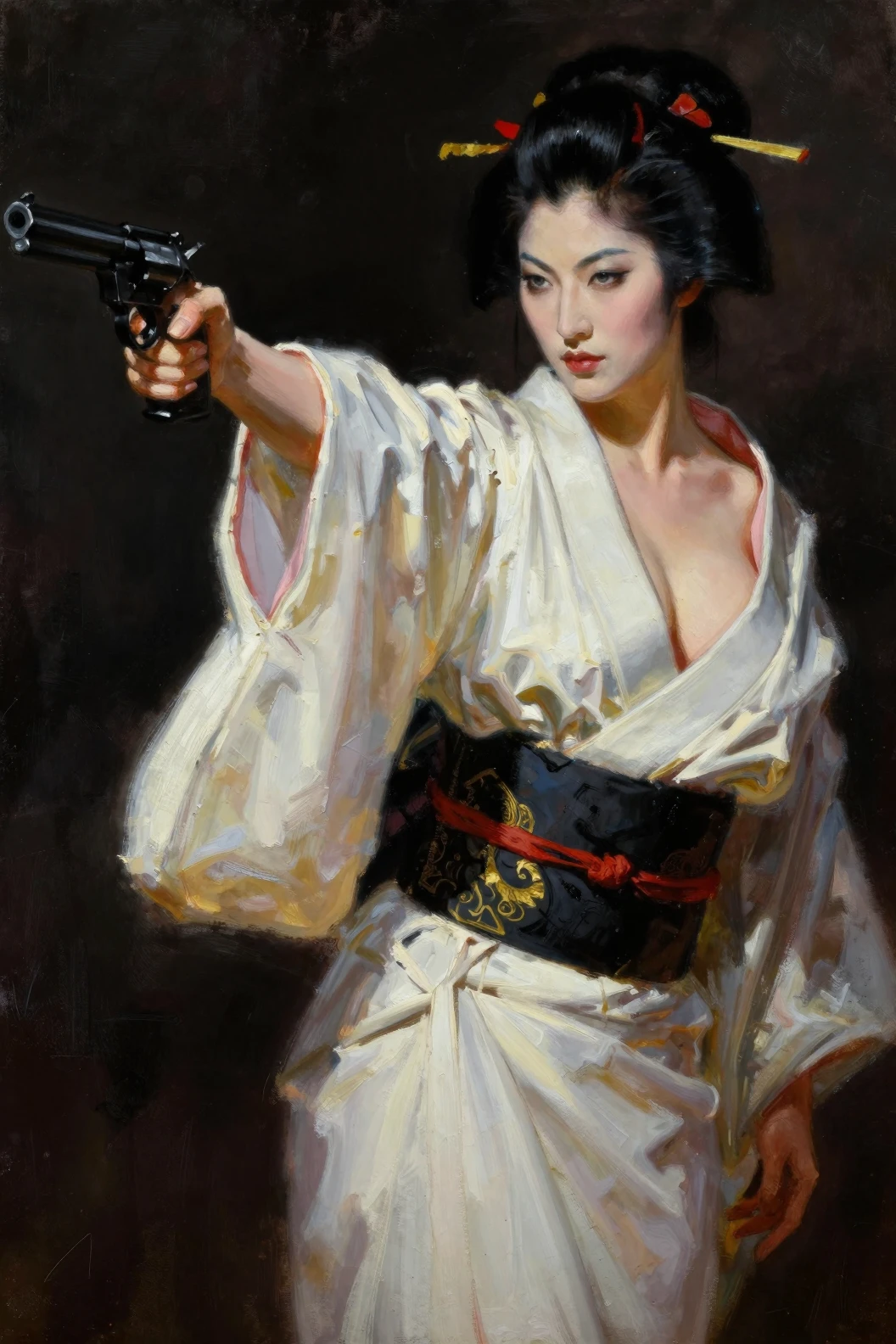 Armed kimono clad woman in dramatic fantasy oil painting