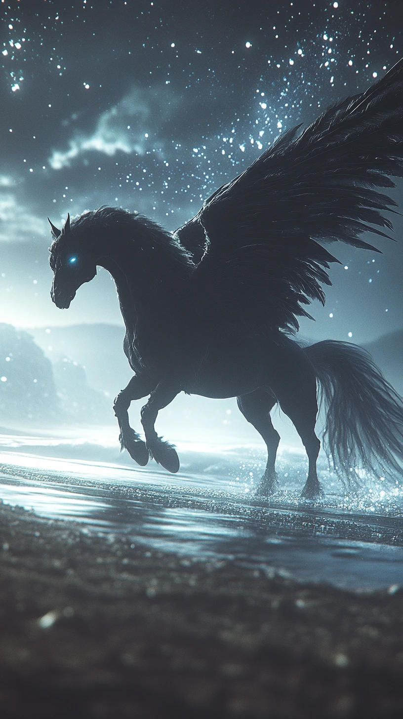 Winged horse galloping along a misty midnight beach