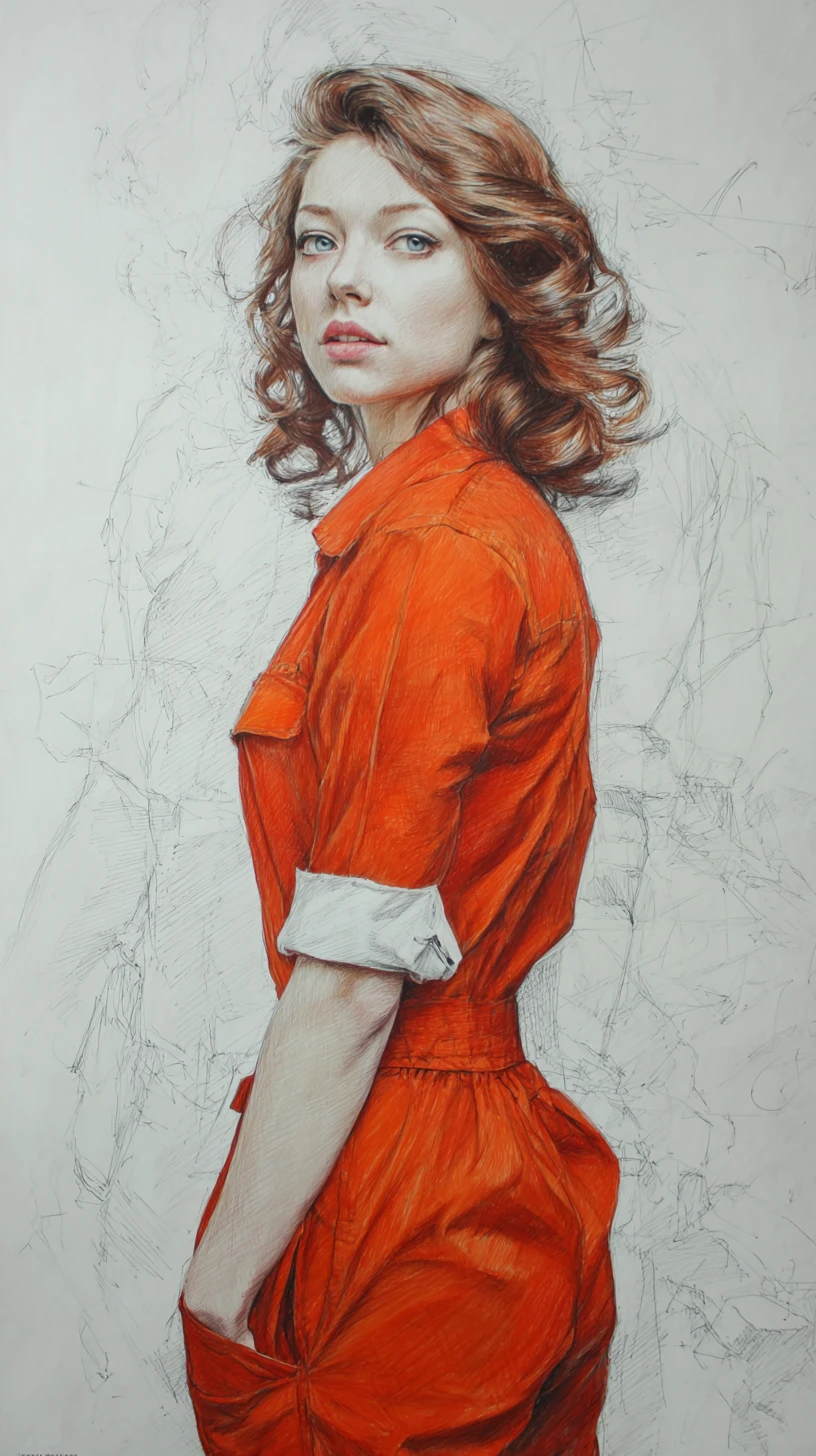 Pencil portrait of a young woman before a vast landscape