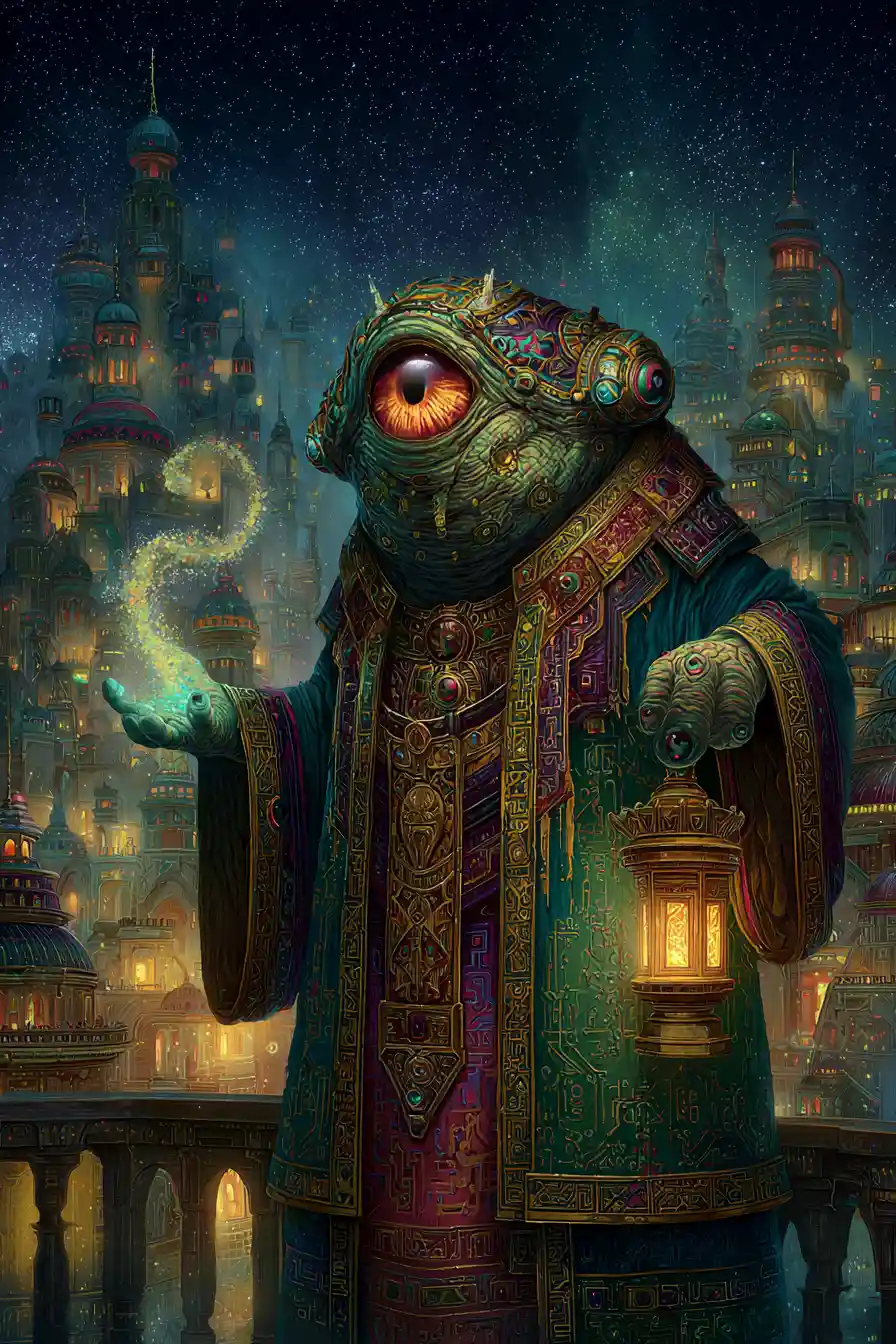Ancient one eyed alien sorcerer on balcony at night