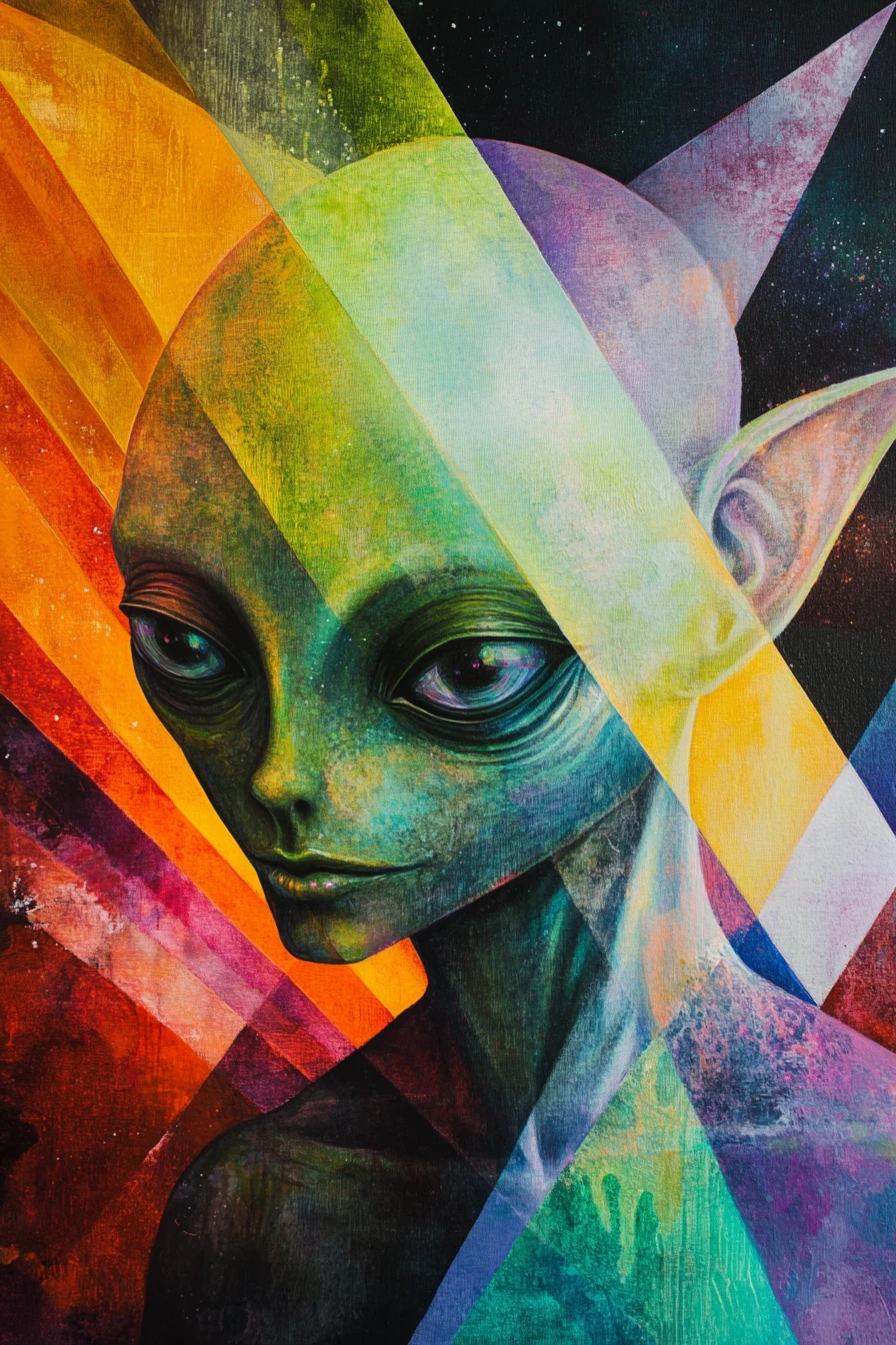 Surreal close up alien against a prismatic rainbow sun