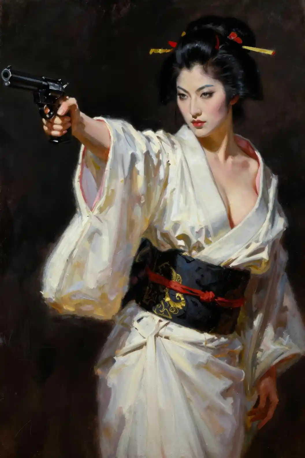 Armed kimono clad woman in dramatic fantasy oil painting