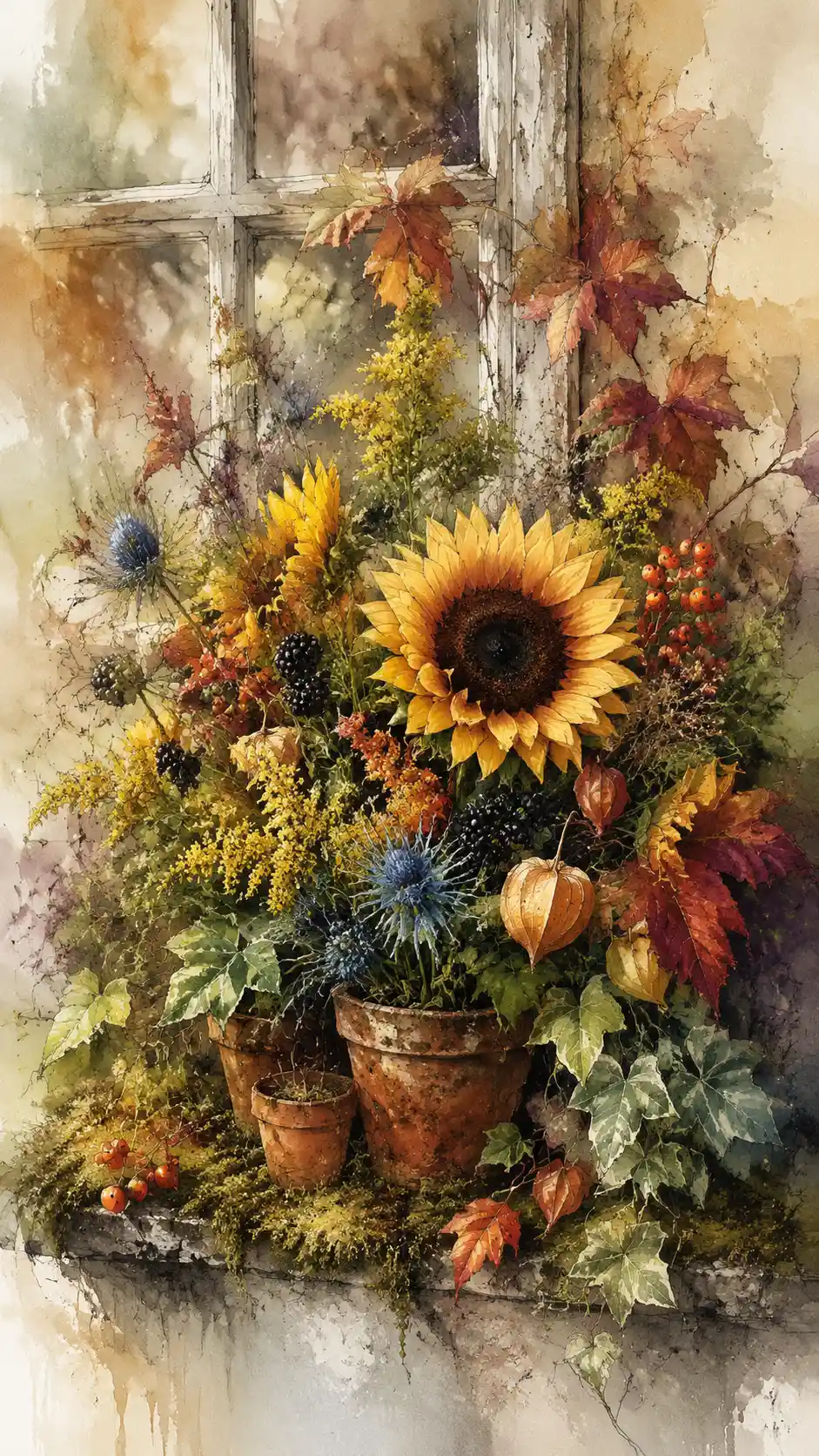 Autumn sunflower arrangement by an old window with moss