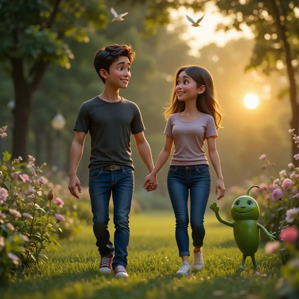 Anthropomorphic Vegetables In A Romantic Sunset Park Walk
