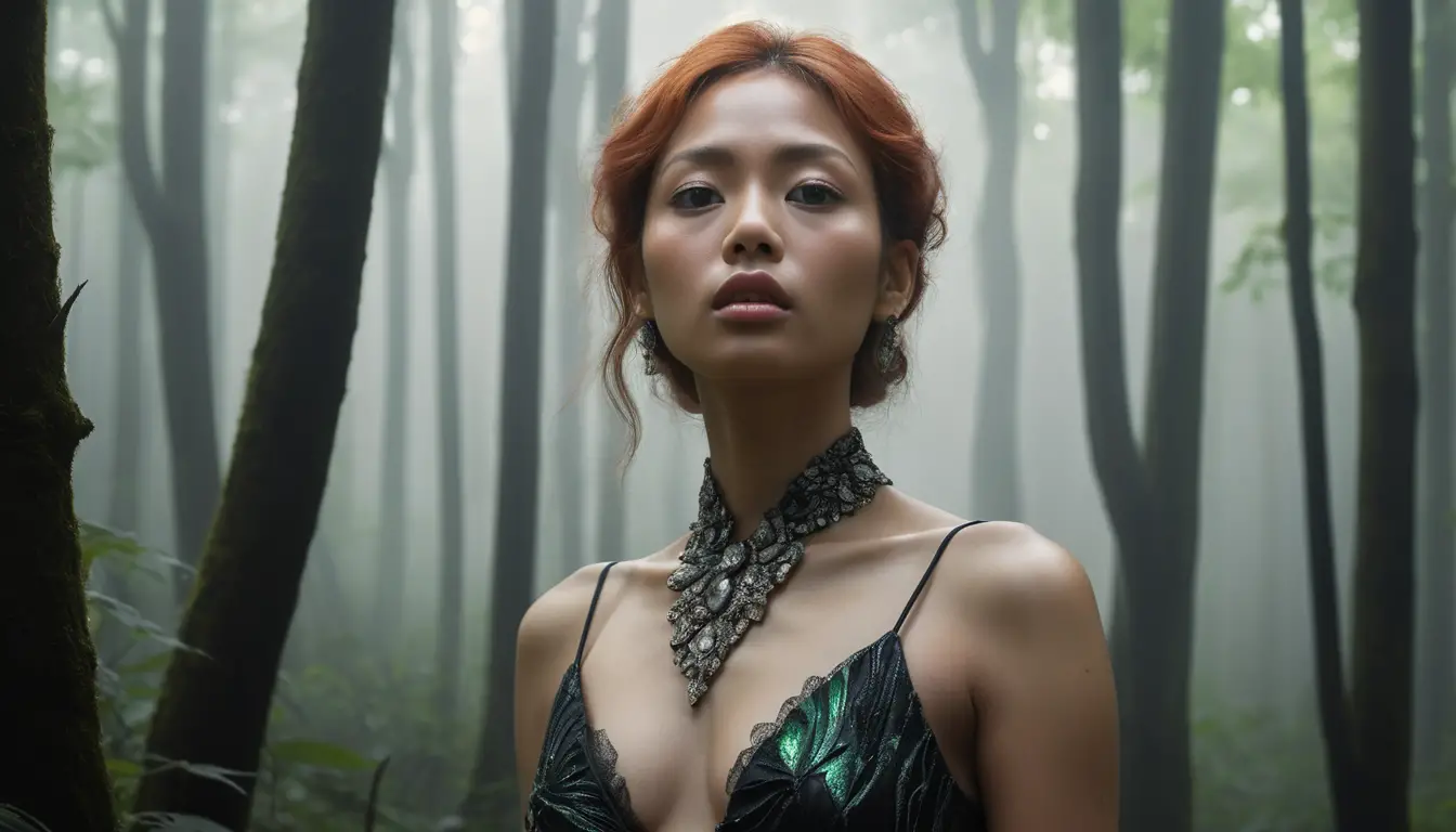 Copper haired woman on a misty forest trail
