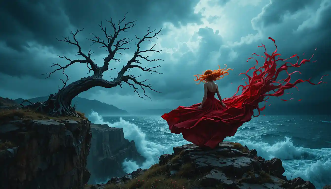 Woman in red dress facing storm on coastal cliff