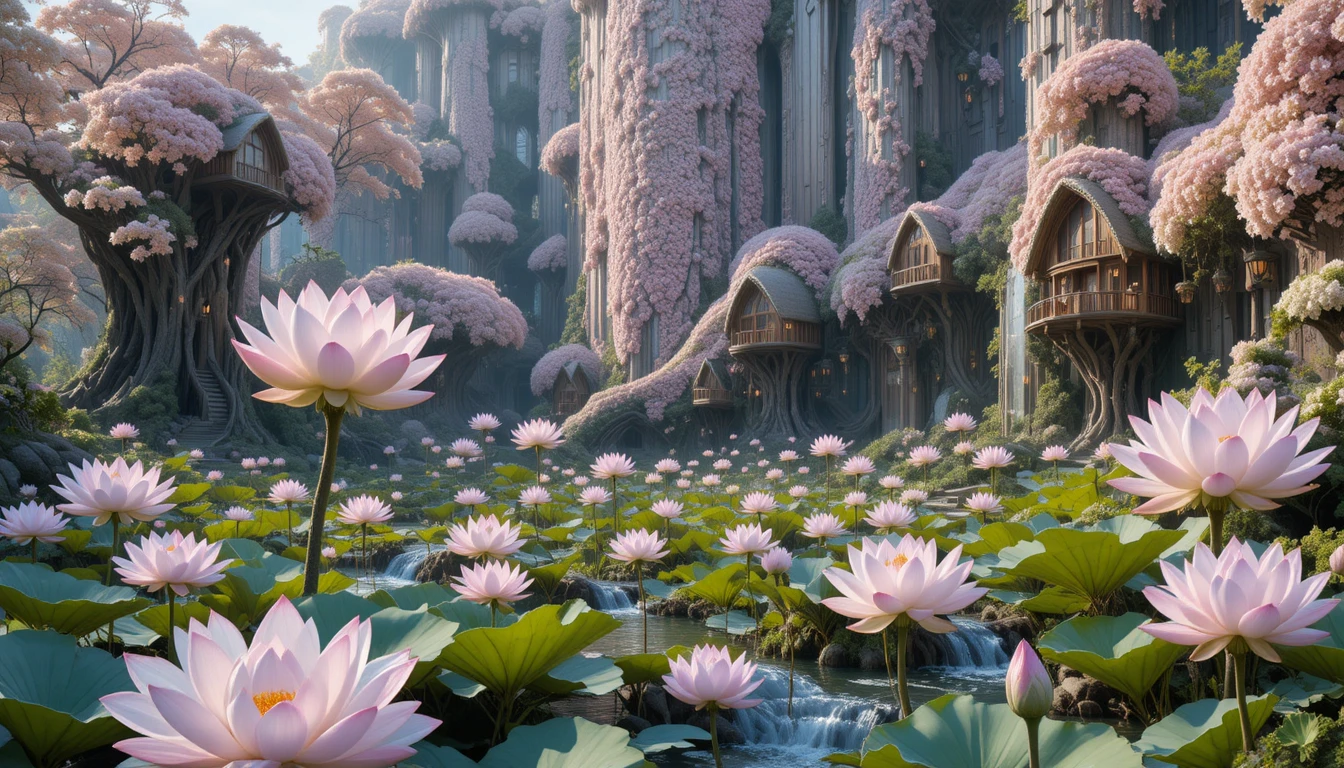 Enchanted lotus ponds surrounding a whimsical fantasy village