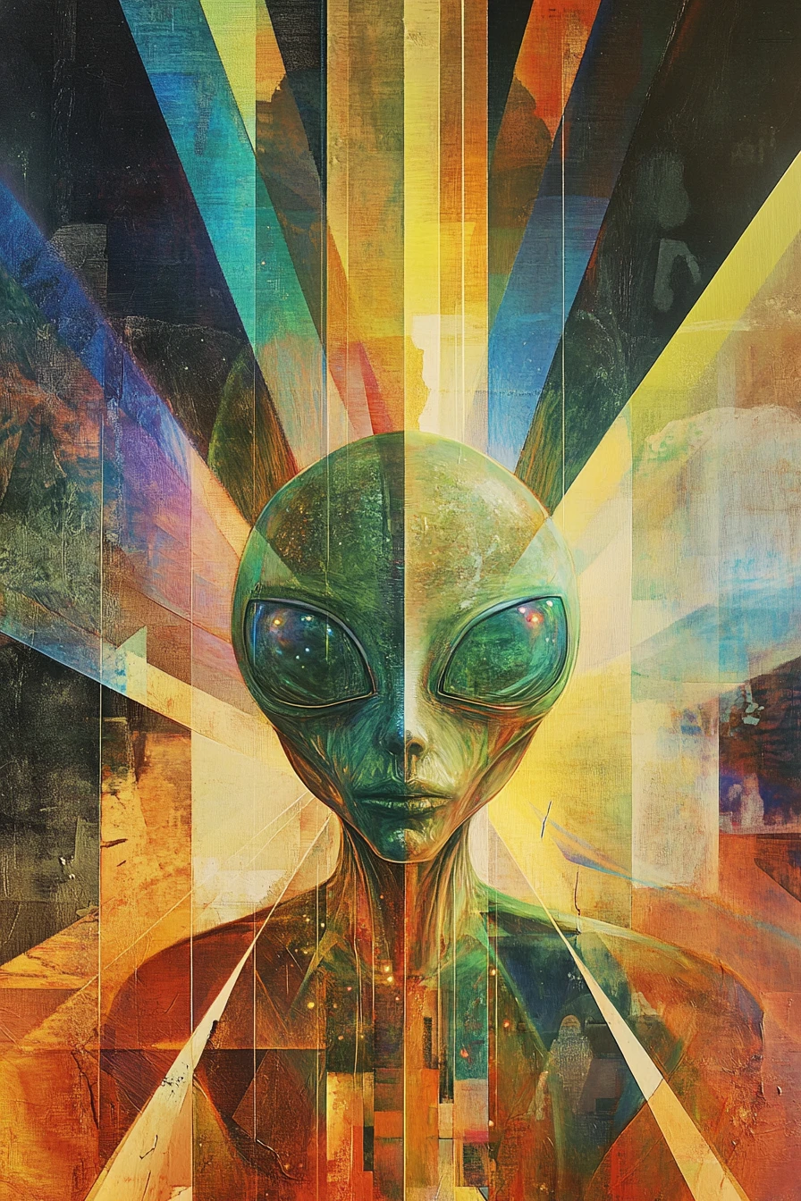 Close up alien in prismatic rainbow abstract painting