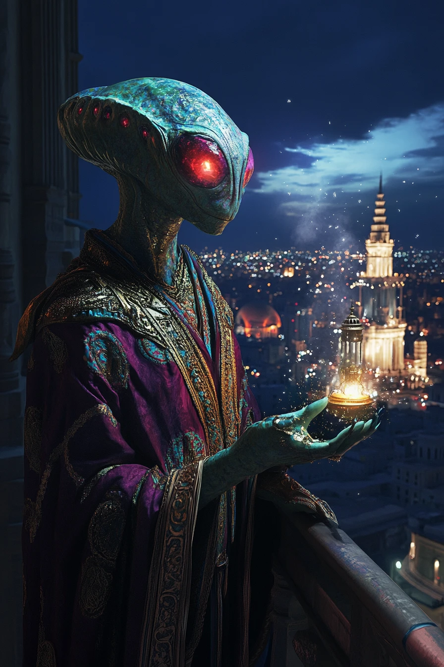 Mystic alien with glowing eye overlooking night city skyline