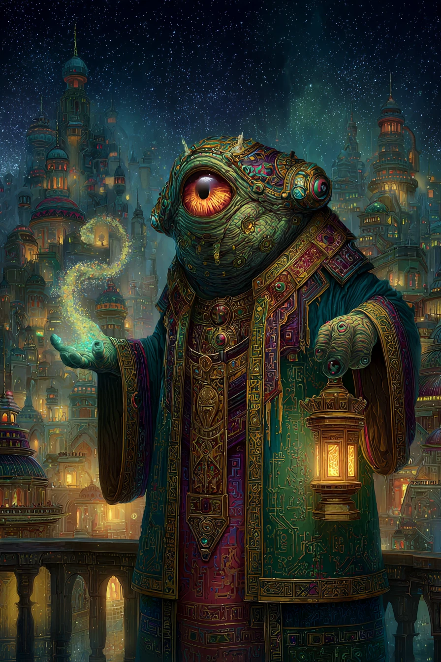 Ancient one eyed alien sorcerer on balcony at night