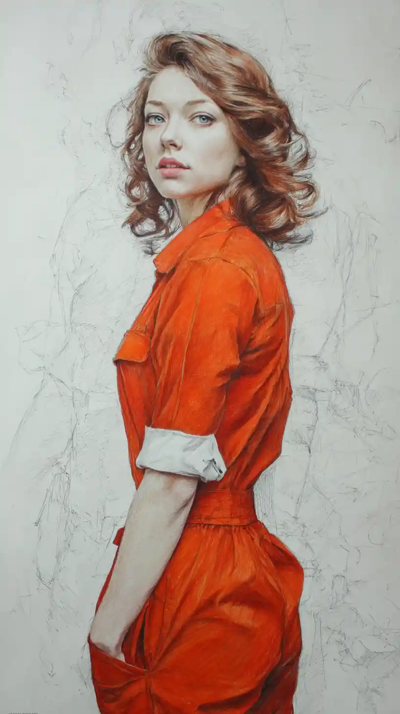 Pencil portrait of a young woman before a vast landscape