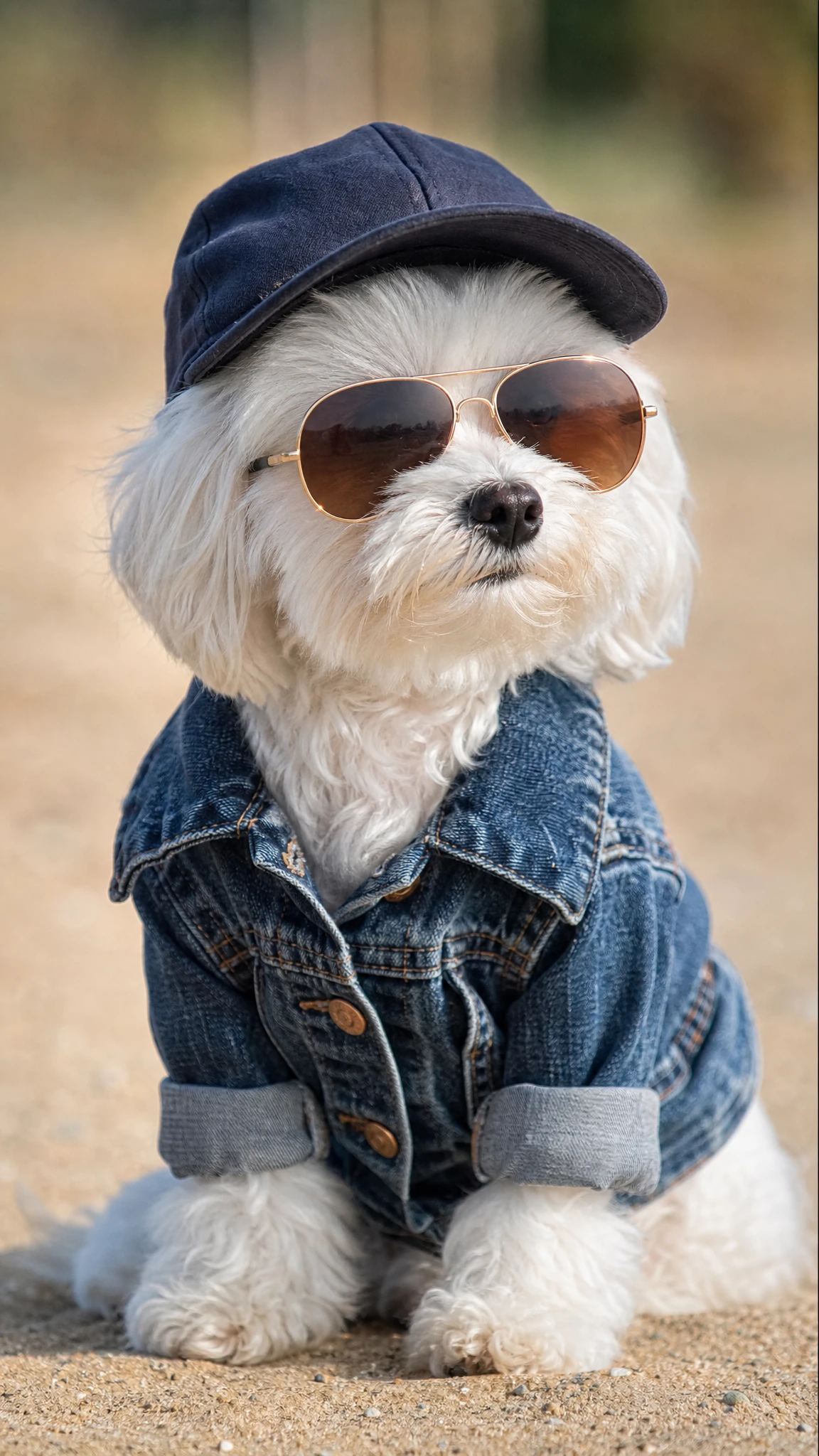 Cool white dog in denim jacket and cap outdoors