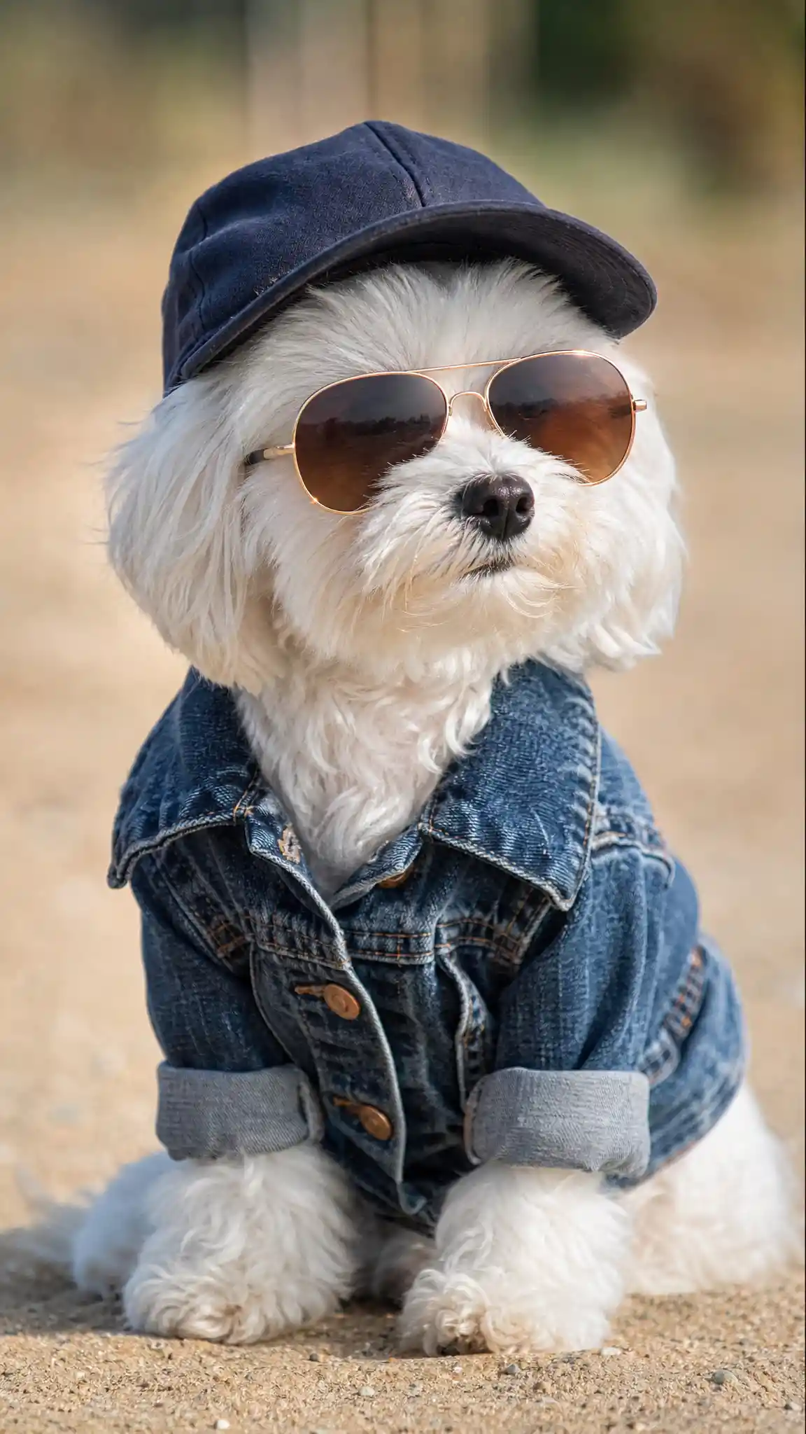 Cool white dog in denim jacket and cap outdoors