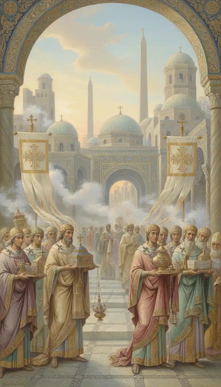 Byzantine procession at dawn in a marble domed city