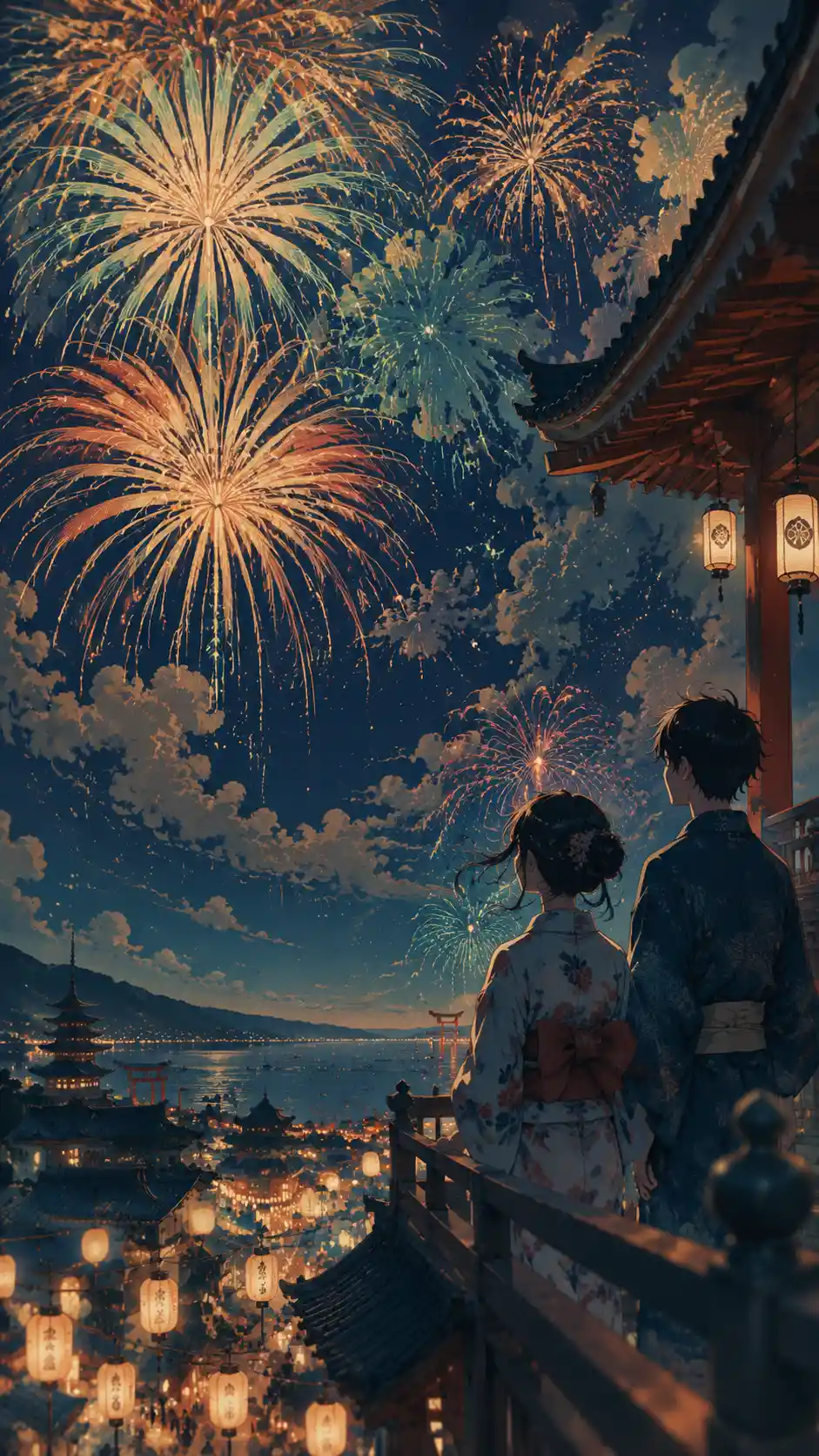 Fireworks Over A Japanese Town In Gentle Anime Style