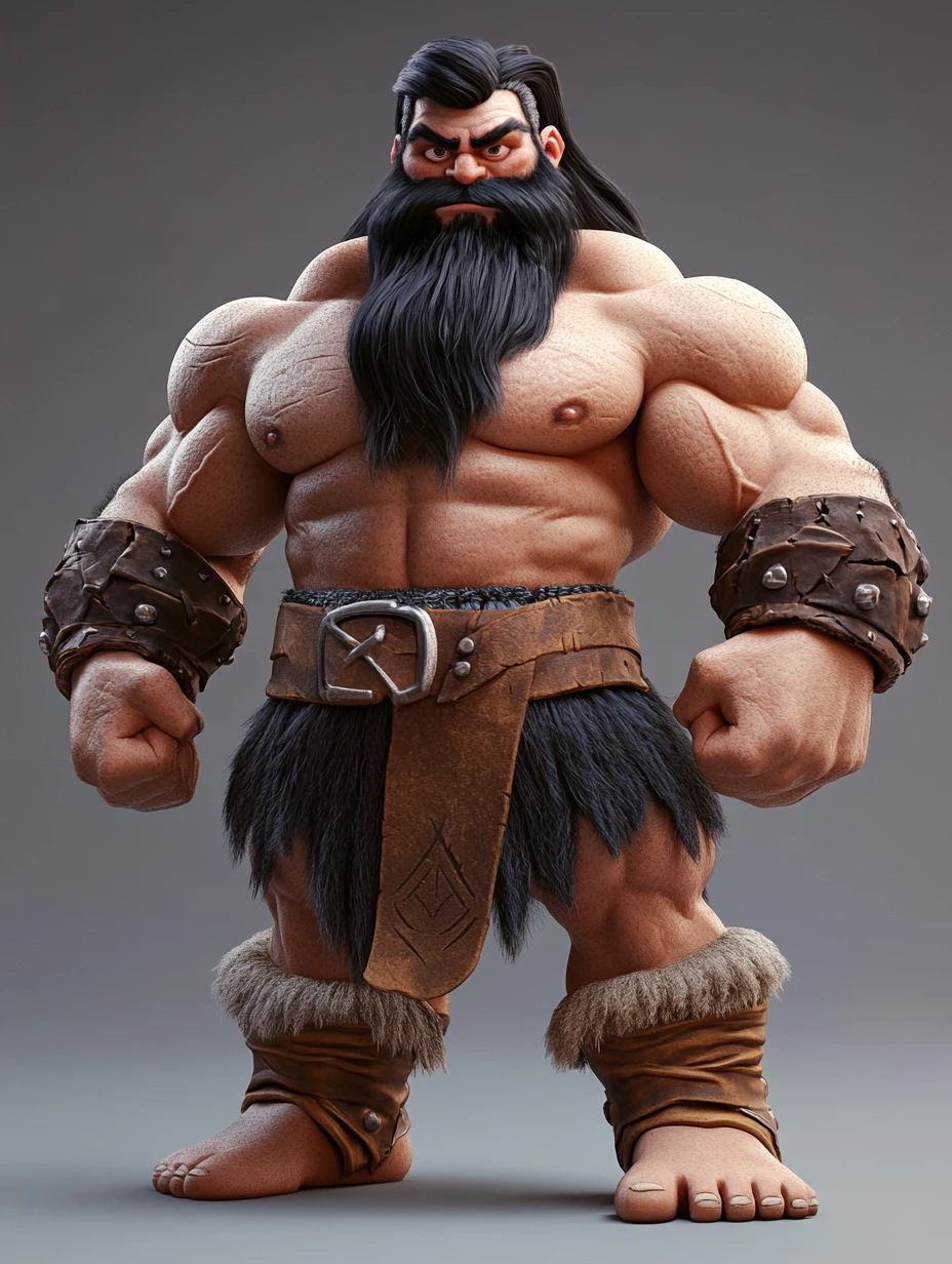 Humorous 3D barbarian caricature with extreme muscular body