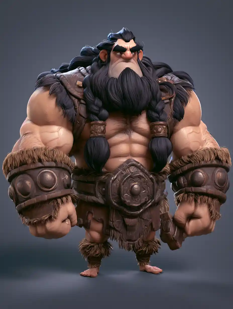 Humorous 3D barbarian with exaggerated muscles and tiny legs