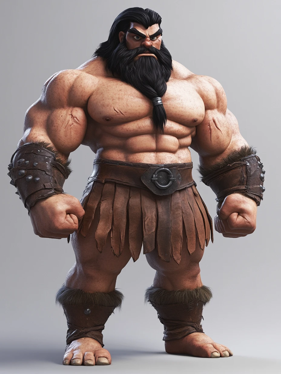 Exaggerated Muscular Barbarian In Comical 3D Full Body View