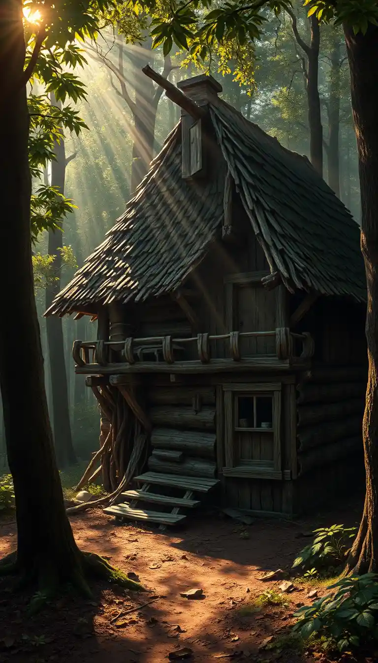 Forgotten treehouse in a misty ancient forest clearing