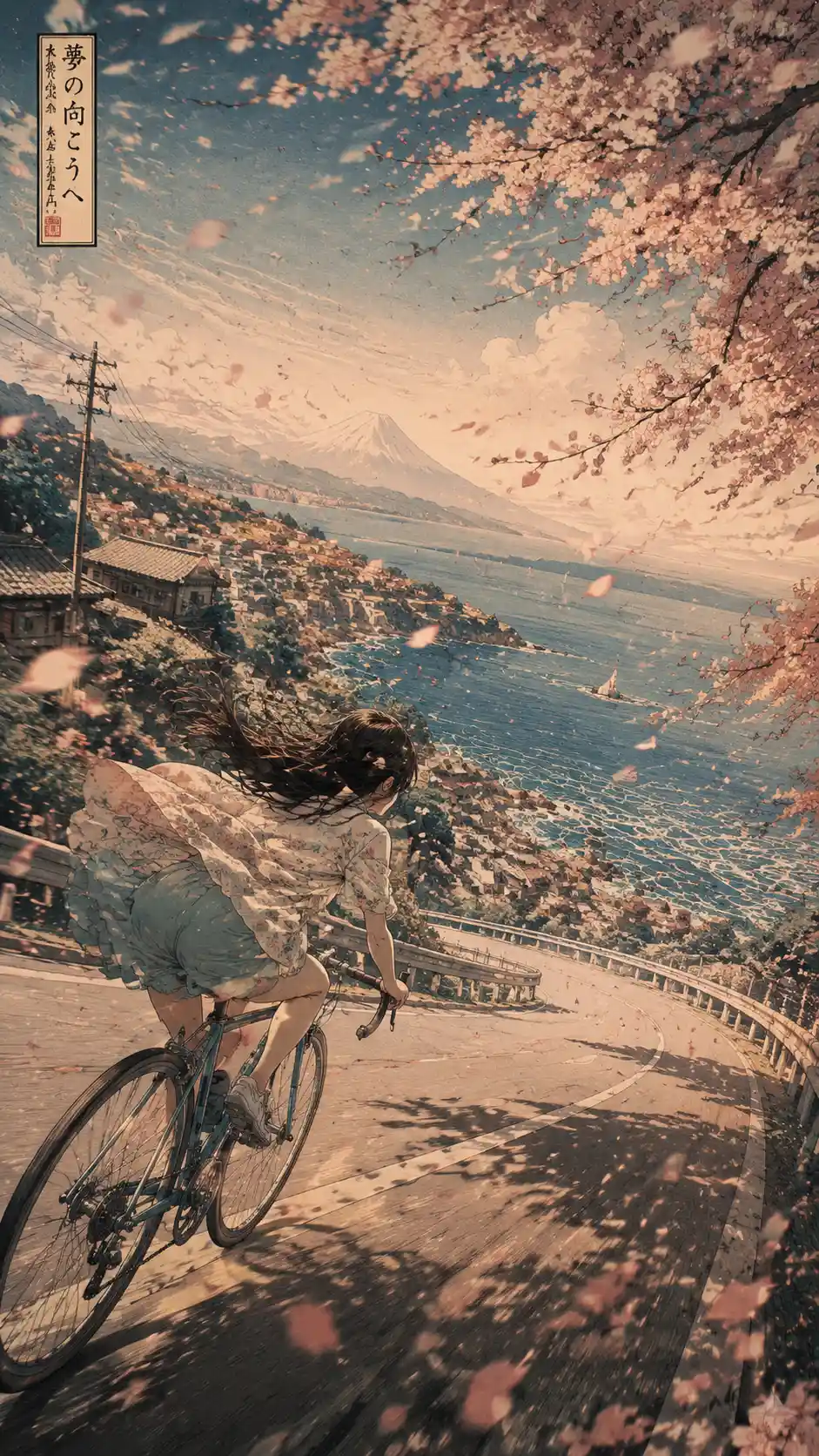Anime girl cycling fast down a peaceful coastal hill