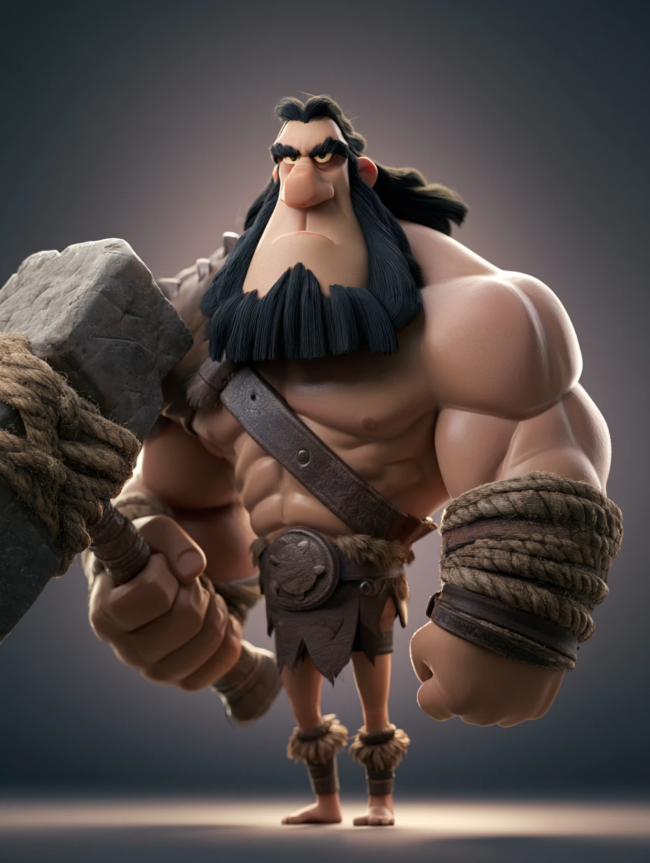 Humorous 3D barbarian caricature with huge muscles and tiny legs