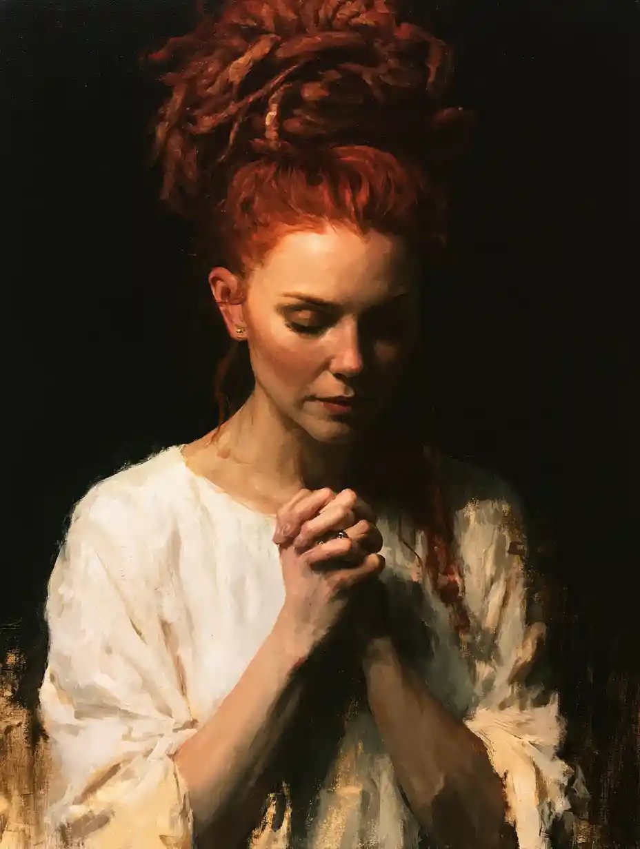 Red haired angelic woman in prayer with eyes closed
