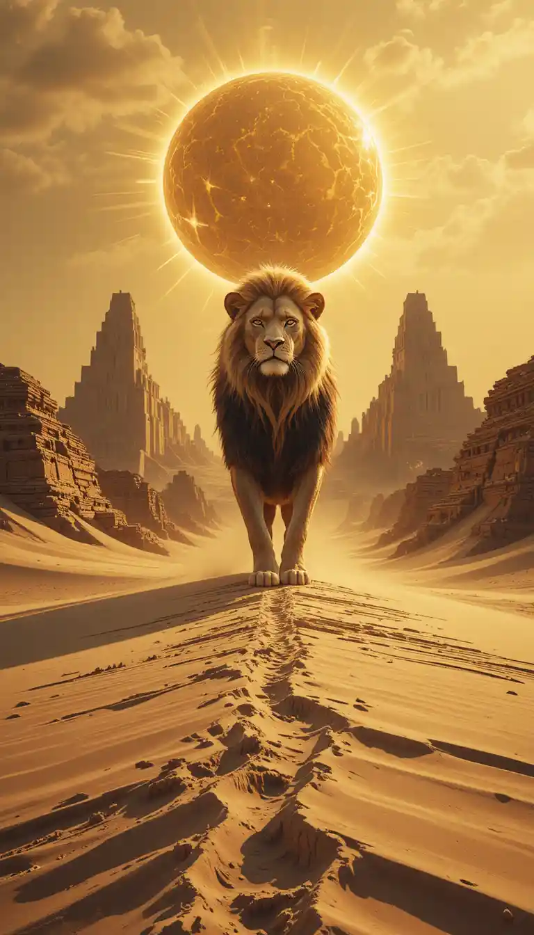 Majestic lion walking through a surreal geometric desert