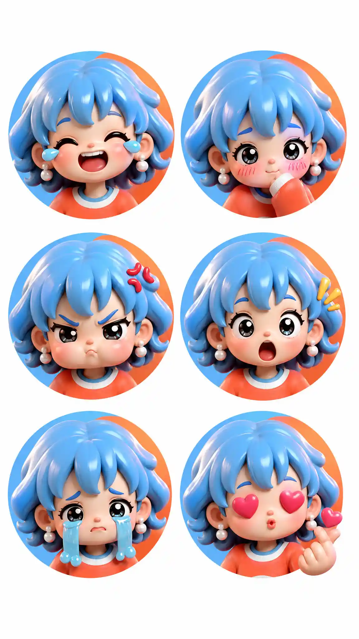 Cute 3D girl emoji toy faces in pastel sticker grid