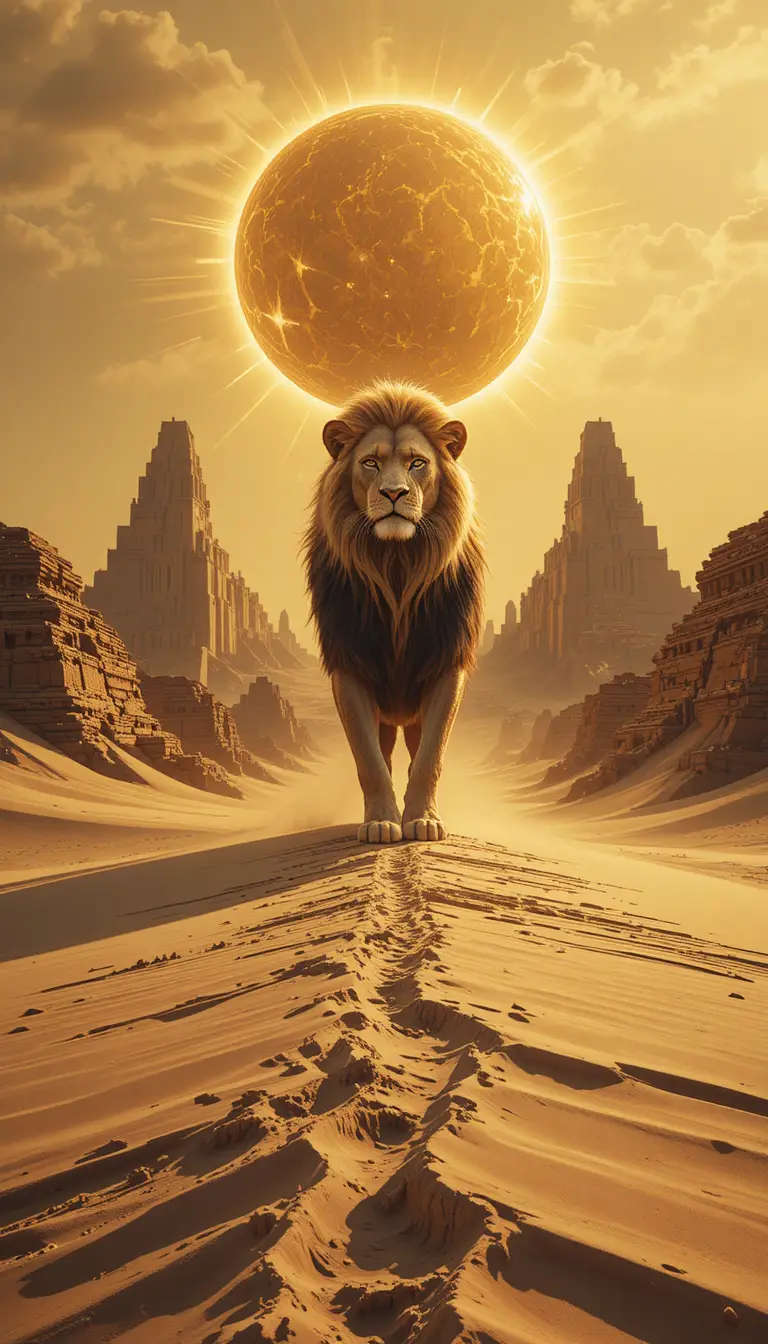 Maestoso leone che cammina in un deserto geometrico surreale