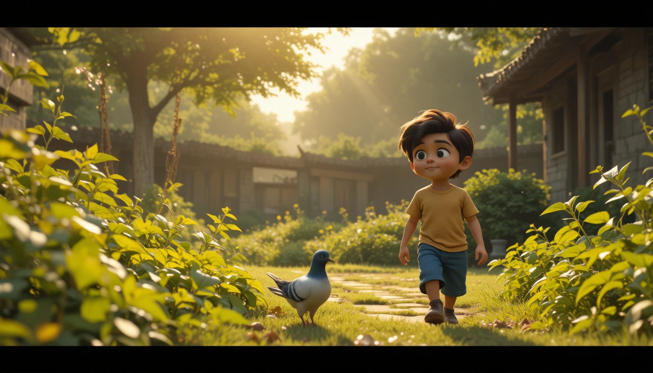 Curious village boy walking through a sunlit garden