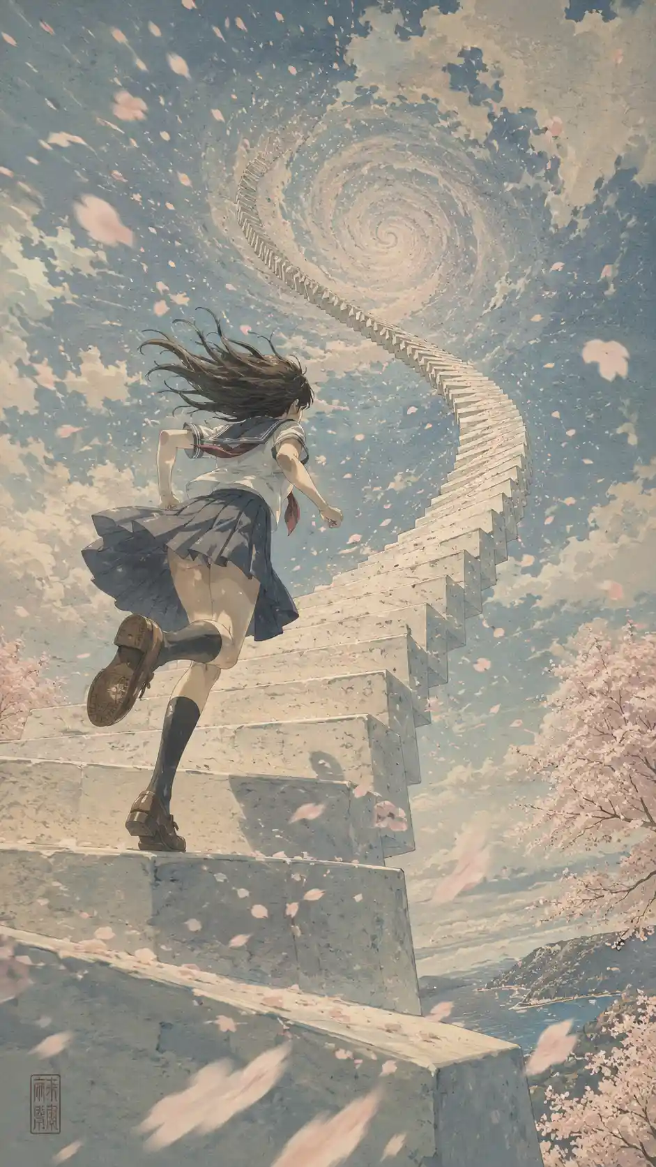 Anime girl running up a vast spiral staircase in the sky