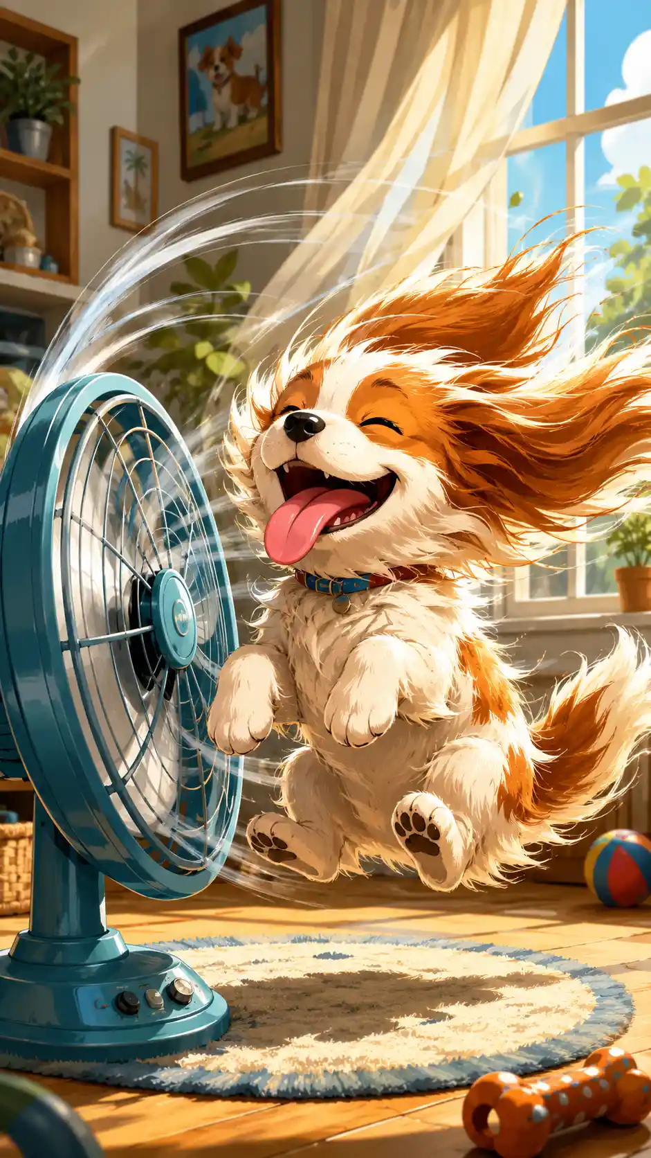 Happy cartoon puppy blown by a blue floor fan