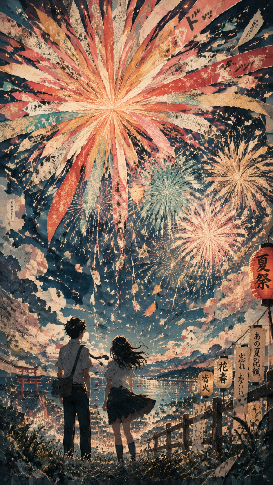 Collage de fuegos artificiales de anime sobre dos estudiantes en una colina